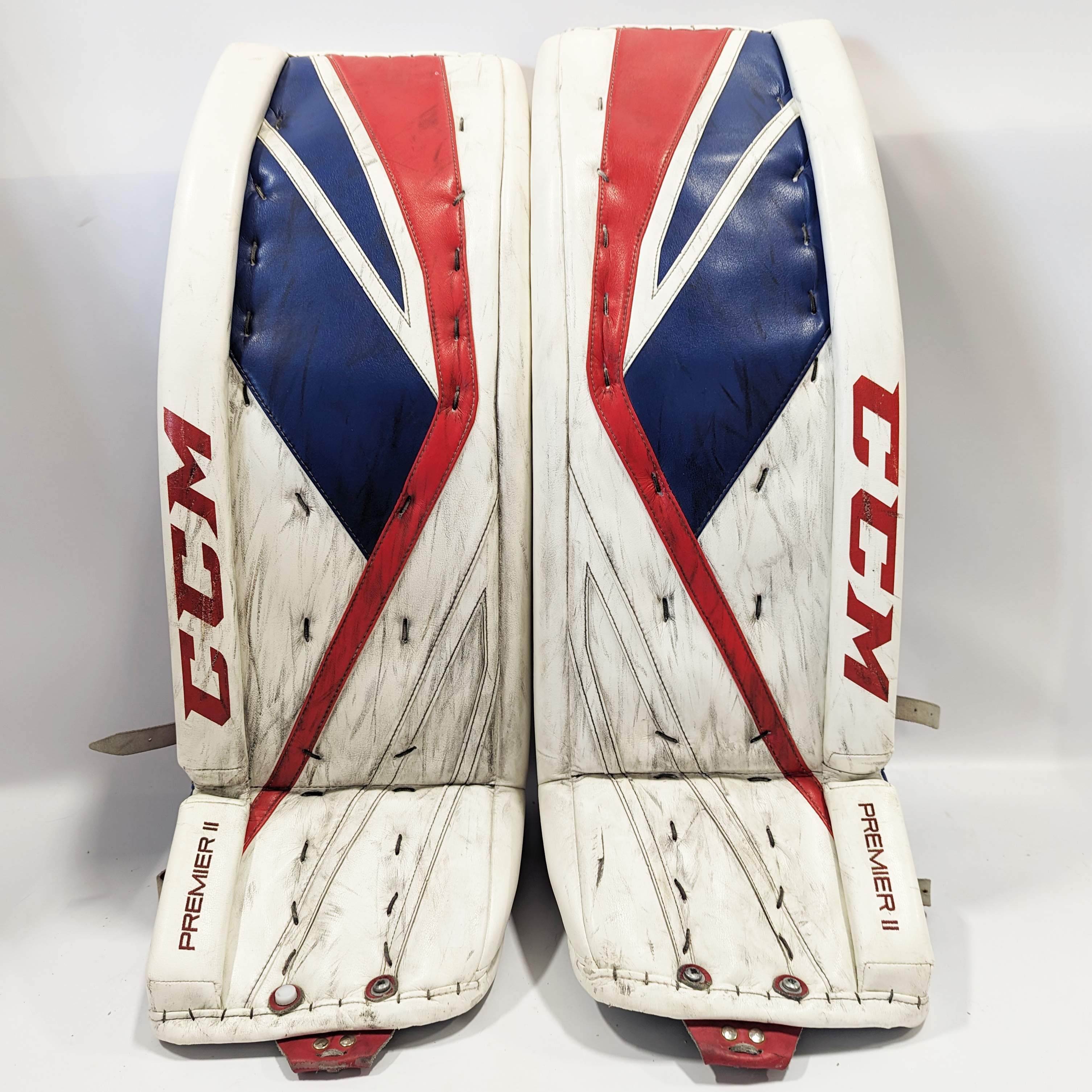 CCM Premier II - Jambières de gardien de but Pro Stock d'occasion (blanc/rouge/bleu)